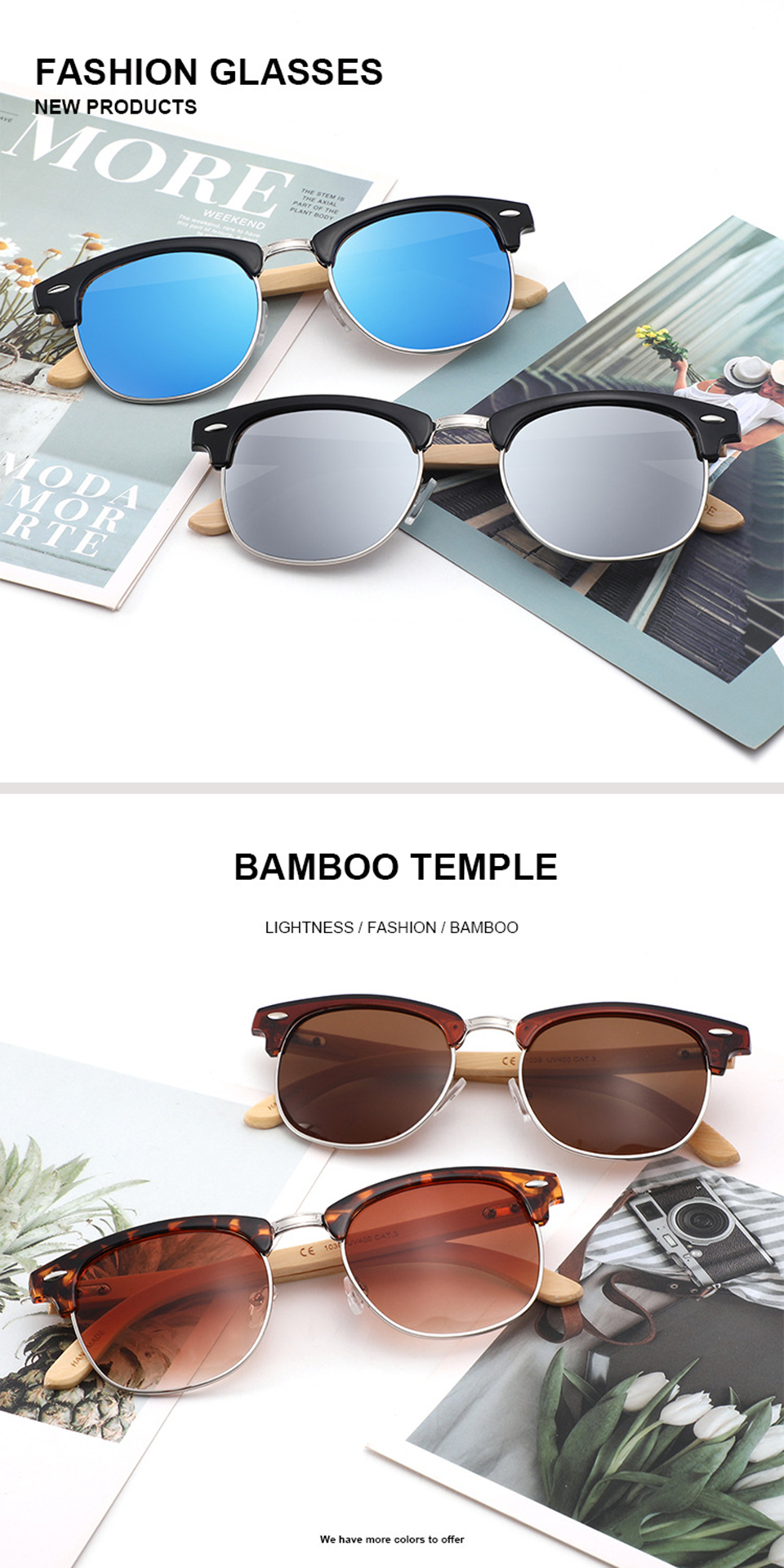 Square Eyebrow Sunglasses Bamboo Temple Sunglasses