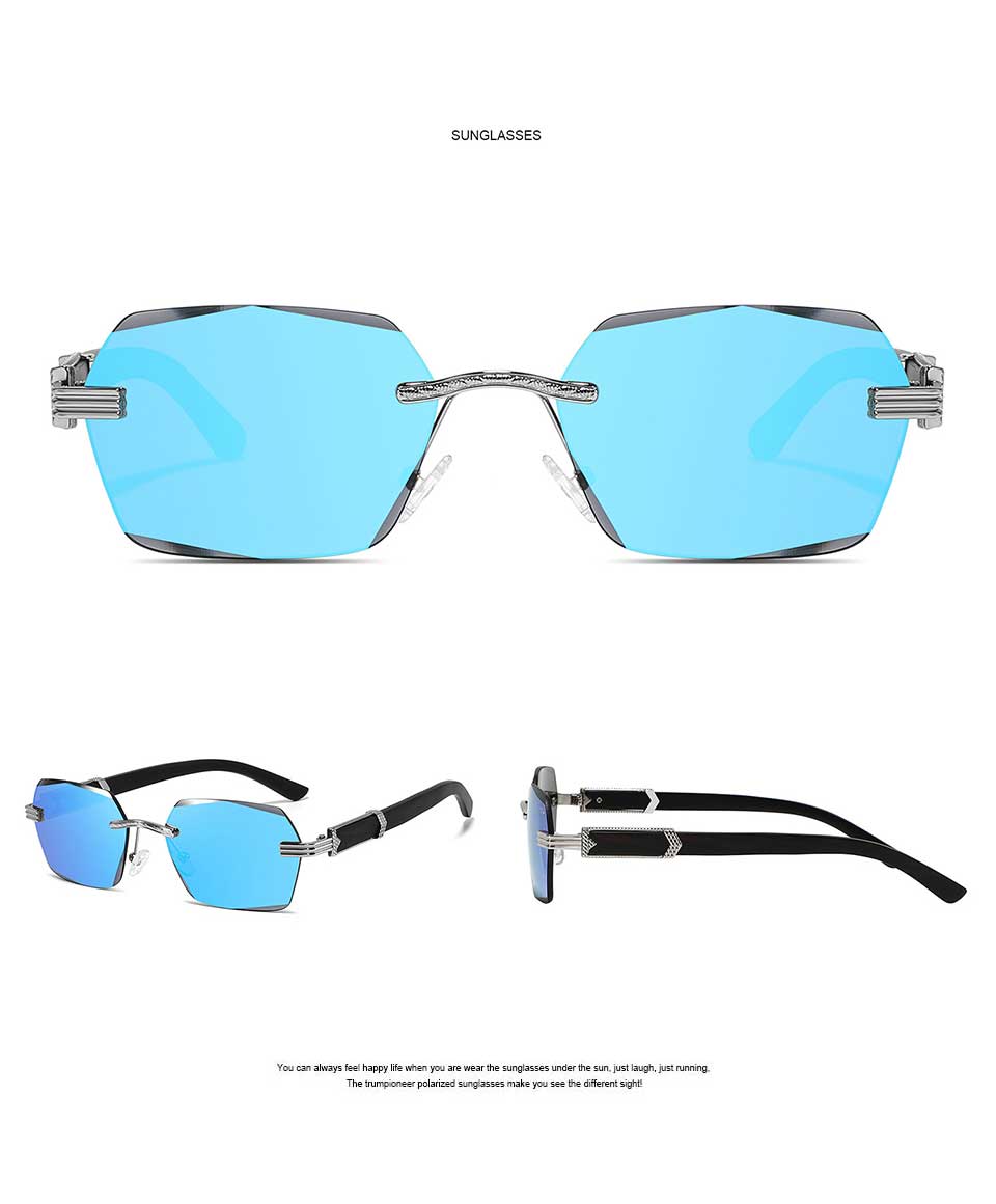 Rimless Wooden Sunglasses Blue Lens Sunglasses